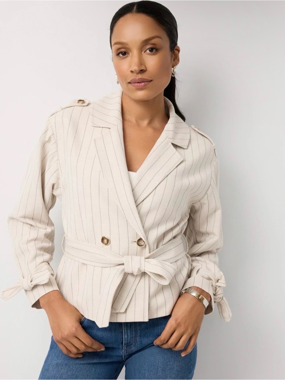 White House Black Market Cream Pinstripe Tie-Waist Blazer